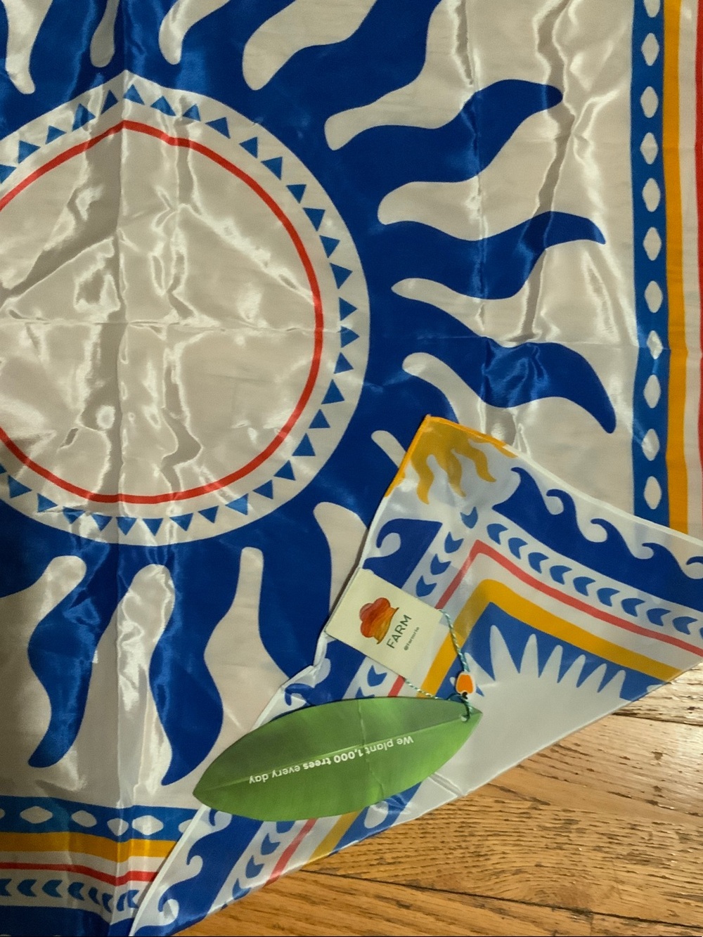 FARM Rio White, Blue & Yellow Sun Motif Silk-Look Scarf - 32 x 32 inches - Picture 2 of 9